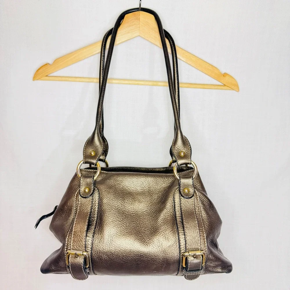 Metallic Bronze Pebbled Leather Shoulder Bag Satchel Gold Hardware Triple Pocket